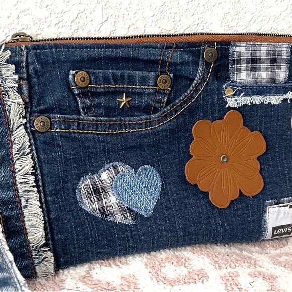 Bohemian Unique One-of-a-Kind Denim Patchwork Clutch with removable Wrist Handle - Picture 8 of 16